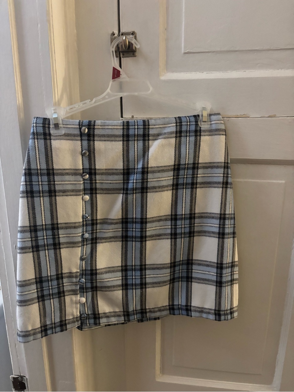 Blue Rain White and Blue Plaid Button-Front Mini Skirt